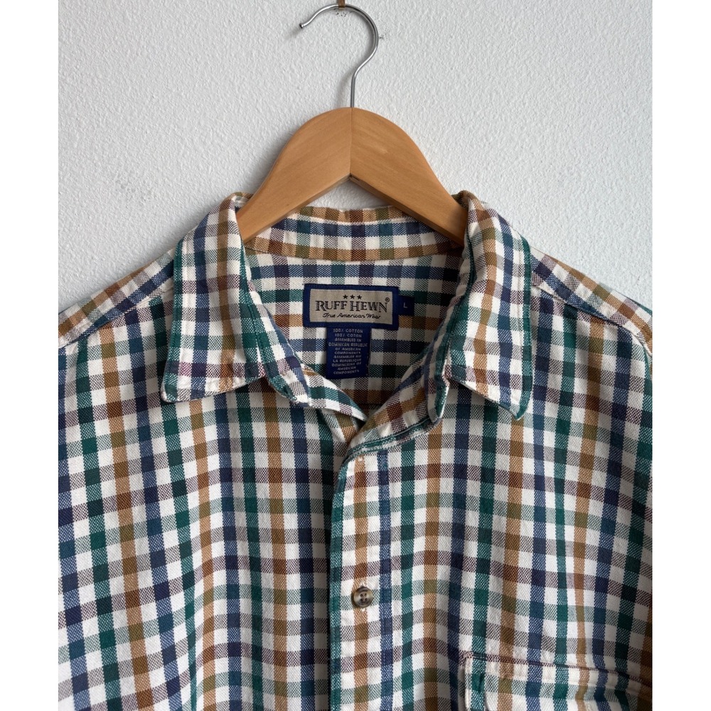 Ruff Hewn Large Gingham Check Button Down Shirt Green Mustard Blue Canvas Cotton
